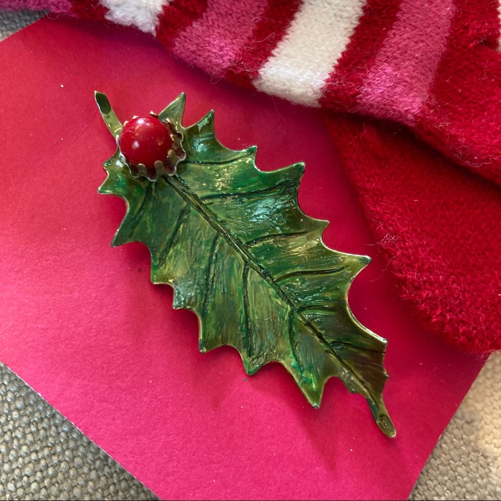 Holly Leaf & Berry Enameled Metal brooch 3”